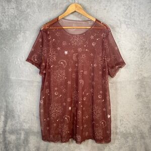 Whimsigoth Mesh Top Womens 1X/2X Celestial Sun Moon Stars Sheer Fairy Grunge